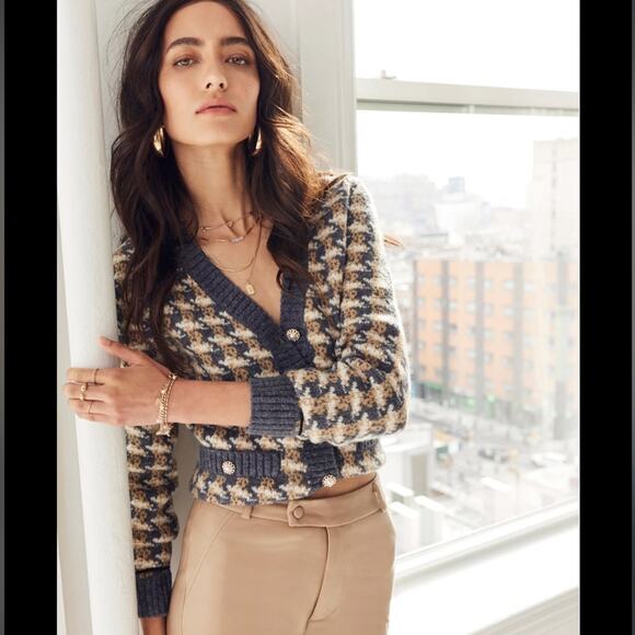 heartloom marlie blue houndstooth v-neck pearl jeweled button cardigan sweater - Picture 3 of 7